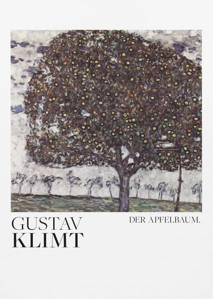 A framed art print of Gustav Klimt's painting 'Der Apfelbaum' (The Apple Tree). The impressionist-style painting depicts a large, full apple tree with a dark, textured canopy dotted with small yellow apples, set against a pale sky and a green meadow. Artwork