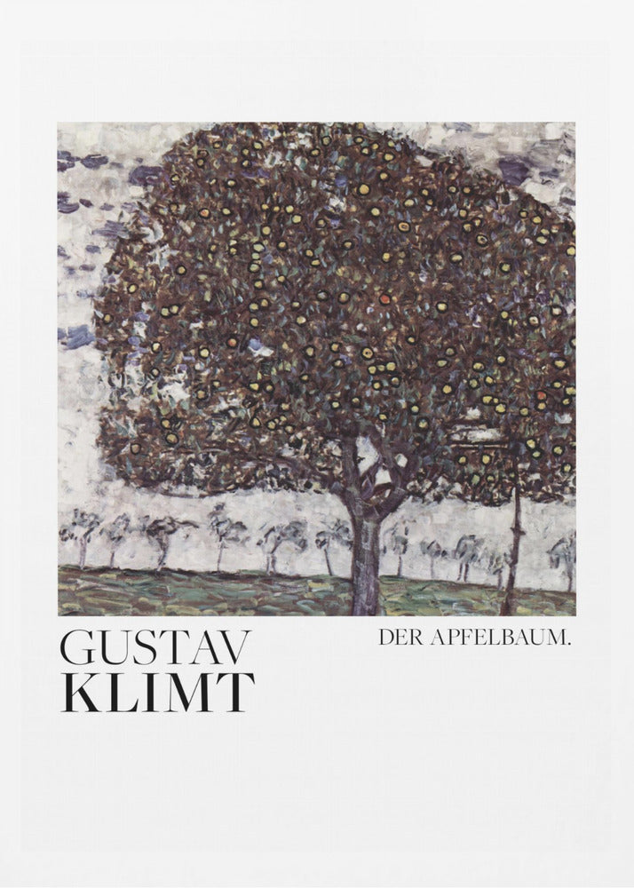 A framed art print of Gustav Klimt's painting 'Der Apfelbaum' (The Apple Tree). The impressionist-style painting depicts a large, full apple tree with a dark, textured canopy dotted with small yellow apples, set against a pale sky and a green meadow. Artwork