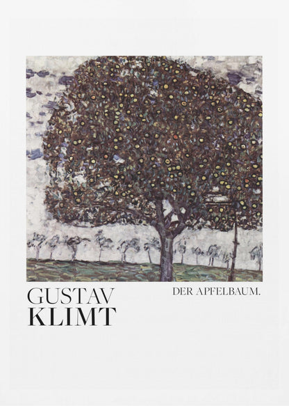 A framed art print of Gustav Klimt's painting 'Der Apfelbaum' (The Apple Tree). The impressionist-style painting depicts a large, full apple tree with a dark, textured canopy dotted with small yellow apples, set against a pale sky and a green meadow. Artwork