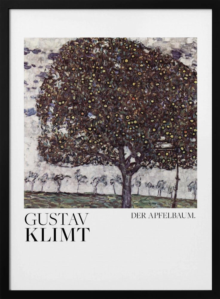 A framed art print of Gustav Klimt's painting 'Der Apfelbaum' (The Apple Tree). The impressionist-style painting depicts a large, full apple tree with a dark, textured canopy dotted with small yellow apples, set against a pale sky and a green meadow. Artwork