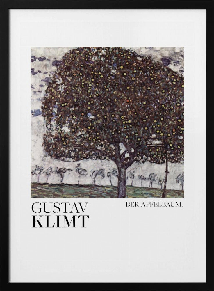 A framed art print of Gustav Klimt's painting 'Der Apfelbaum' (The Apple Tree). The impressionist-style painting depicts a large, full apple tree with a dark, textured canopy dotted with small yellow apples, set against a pale sky and a green meadow. Artwork