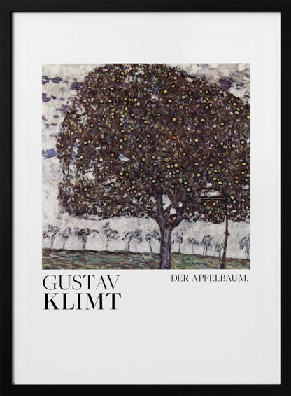 A framed art print of Gustav Klimt's painting 'Der Apfelbaum' (The Apple Tree). The impressionist-style painting depicts a large, full apple tree with a dark, textured canopy dotted with small yellow apples, set against a pale sky and a green meadow. Artwork