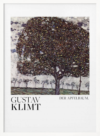A framed art print of Gustav Klimt's painting 'Der Apfelbaum' (The Apple Tree). The impressionist-style painting depicts a large, full apple tree with a dark, textured canopy dotted with small yellow apples, set against a pale sky and a green meadow. Artwork