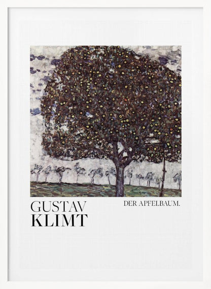 A framed art print of Gustav Klimt's painting 'Der Apfelbaum' (The Apple Tree). The impressionist-style painting depicts a large, full apple tree with a dark, textured canopy dotted with small yellow apples, set against a pale sky and a green meadow. Artwork