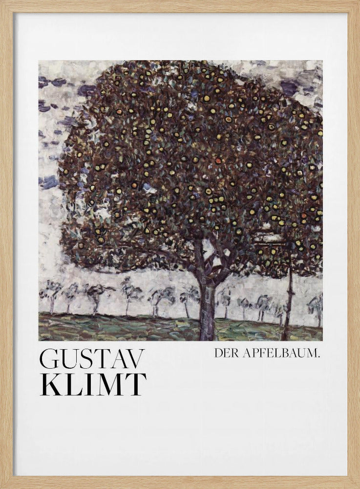A framed art print of Gustav Klimt's painting 'Der Apfelbaum' (The Apple Tree). The impressionist-style painting depicts a large, full apple tree with a dark, textured canopy dotted with small yellow apples, set against a pale sky and a green meadow. Artwork