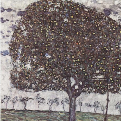 A framed impressionist painting of a large, round apple tree with a dense, dark canopy speckled with yellow apples. The tree stands in the foreground of a green field, with a row of smaller, paler trees in the background under a light, cloudy sky. Poster