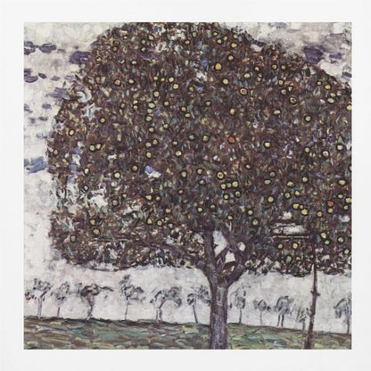 A framed impressionist painting of a large, round apple tree with a dense, dark canopy speckled with yellow apples. The tree stands in the foreground of a green field, with a row of smaller, paler trees in the background under a light, cloudy sky. Poster