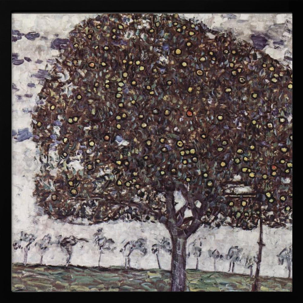A framed impressionist painting of a large, round apple tree with a dense, dark canopy speckled with yellow apples. The tree stands in the foreground of a green field, with a row of smaller, paler trees in the background under a light, cloudy sky. Poster