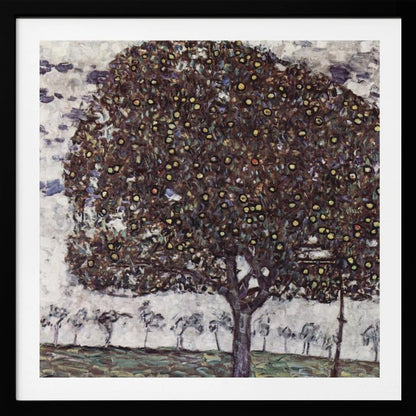A framed impressionist painting of a large, round apple tree with a dense, dark canopy speckled with yellow apples. The tree stands in the foreground of a green field, with a row of smaller, paler trees in the background under a light, cloudy sky. Poster