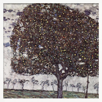A framed impressionist painting of a large, round apple tree with a dense, dark canopy speckled with yellow apples. The tree stands in the foreground of a green field, with a row of smaller, paler trees in the background under a light, cloudy sky. Poster