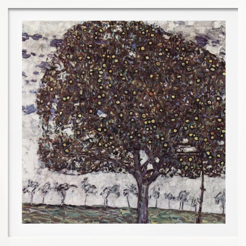 A framed impressionist painting of a large, round apple tree with a dense, dark canopy speckled with yellow apples. The tree stands in the foreground of a green field, with a row of smaller, paler trees in the background under a light, cloudy sky. Poster