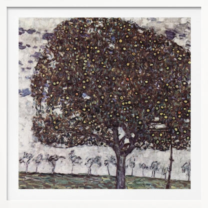 A framed impressionist painting of a large, round apple tree with a dense, dark canopy speckled with yellow apples. The tree stands in the foreground of a green field, with a row of smaller, paler trees in the background under a light, cloudy sky. Poster