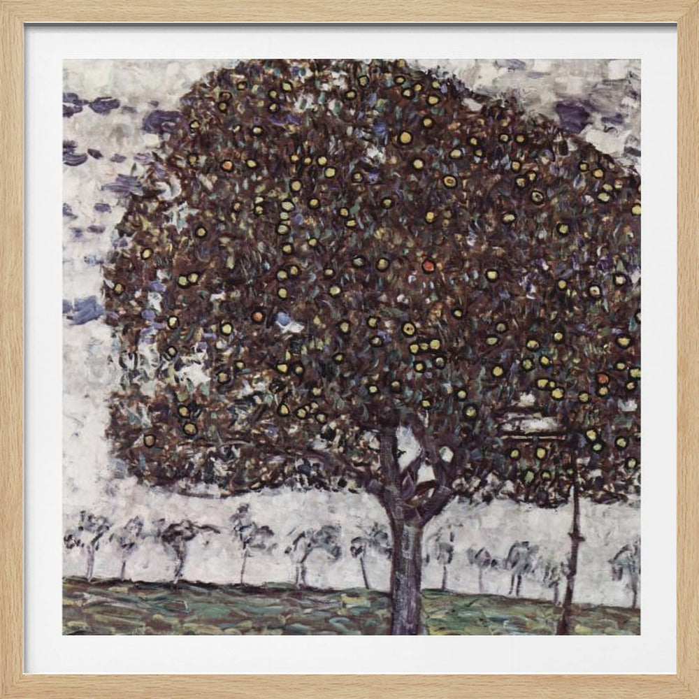 A framed impressionist painting of a large, round apple tree with a dense, dark canopy speckled with yellow apples. The tree stands in the foreground of a green field, with a row of smaller, paler trees in the background under a light, cloudy sky. Poster