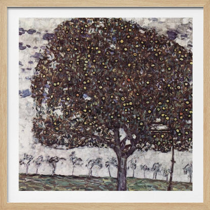 A framed impressionist painting of a large, round apple tree with a dense, dark canopy speckled with yellow apples. The tree stands in the foreground of a green field, with a row of smaller, paler trees in the background under a light, cloudy sky. Poster