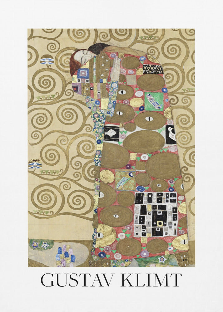 A framed art print of Gustav Klimt's painting 'Fulfillment,' featuring a stylized couple embracing. They are enveloped in ornate, patterned robes with geometric and circular motifs, set against a golden background with swirling patterns. The artist's name, 'GUSTAV KLIMT,' is printed below the image. Wall Art