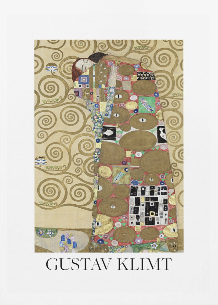 A framed art print of Gustav Klimt's painting 'Fulfillment,' featuring a stylized couple embracing. They are enveloped in ornate, patterned robes with geometric and circular motifs, set against a golden background with swirling patterns. The artist's name, 'GUSTAV KLIMT,' is printed below the image. Wall Art