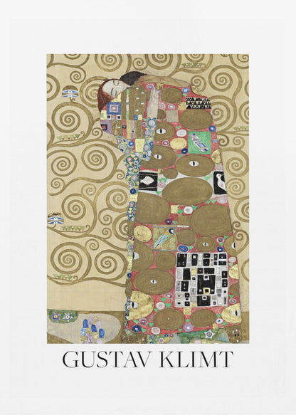 A framed art print of Gustav Klimt's painting 'Fulfillment,' featuring a stylized couple embracing. They are enveloped in ornate, patterned robes with geometric and circular motifs, set against a golden background with swirling patterns. The artist's name, 'GUSTAV KLIMT,' is printed below the image. Wall Art
