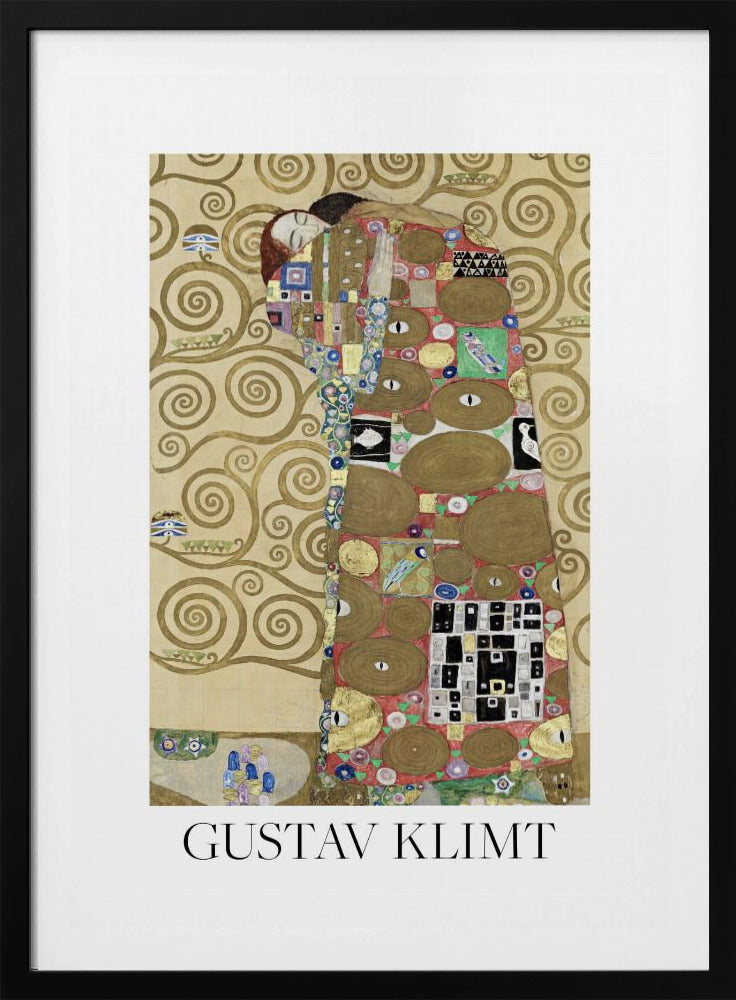 A framed art print of Gustav Klimt's painting 'Fulfillment,' featuring a stylized couple embracing. They are enveloped in ornate, patterned robes with geometric and circular motifs, set against a golden background with swirling patterns. The artist's name, 'GUSTAV KLIMT,' is printed below the image. Wall Art