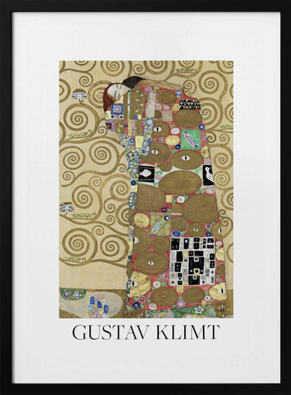 A framed art print of Gustav Klimt's painting 'Fulfillment,' featuring a stylized couple embracing. They are enveloped in ornate, patterned robes with geometric and circular motifs, set against a golden background with swirling patterns. The artist's name, 'GUSTAV KLIMT,' is printed below the image. Wall Art