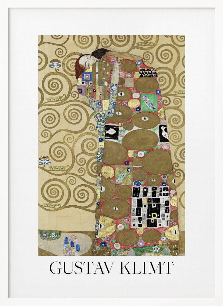 A framed art print of Gustav Klimt's painting 'Fulfillment,' featuring a stylized couple embracing. They are enveloped in ornate, patterned robes with geometric and circular motifs, set against a golden background with swirling patterns. The artist's name, 'GUSTAV KLIMT,' is printed below the image. Wall Art