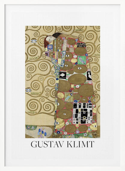 A framed art print of Gustav Klimt's painting 'Fulfillment,' featuring a stylized couple embracing. They are enveloped in ornate, patterned robes with geometric and circular motifs, set against a golden background with swirling patterns. The artist's name, 'GUSTAV KLIMT,' is printed below the image. Wall Art