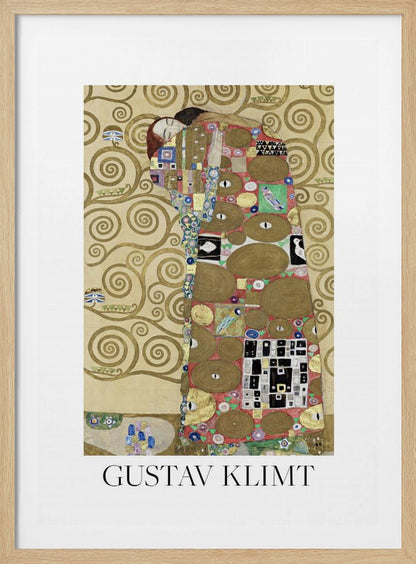 A framed art print of Gustav Klimt's painting 'Fulfillment,' featuring a stylized couple embracing. They are enveloped in ornate, patterned robes with geometric and circular motifs, set against a golden background with swirling patterns. The artist's name, 'GUSTAV KLIMT,' is printed below the image. Wall Art