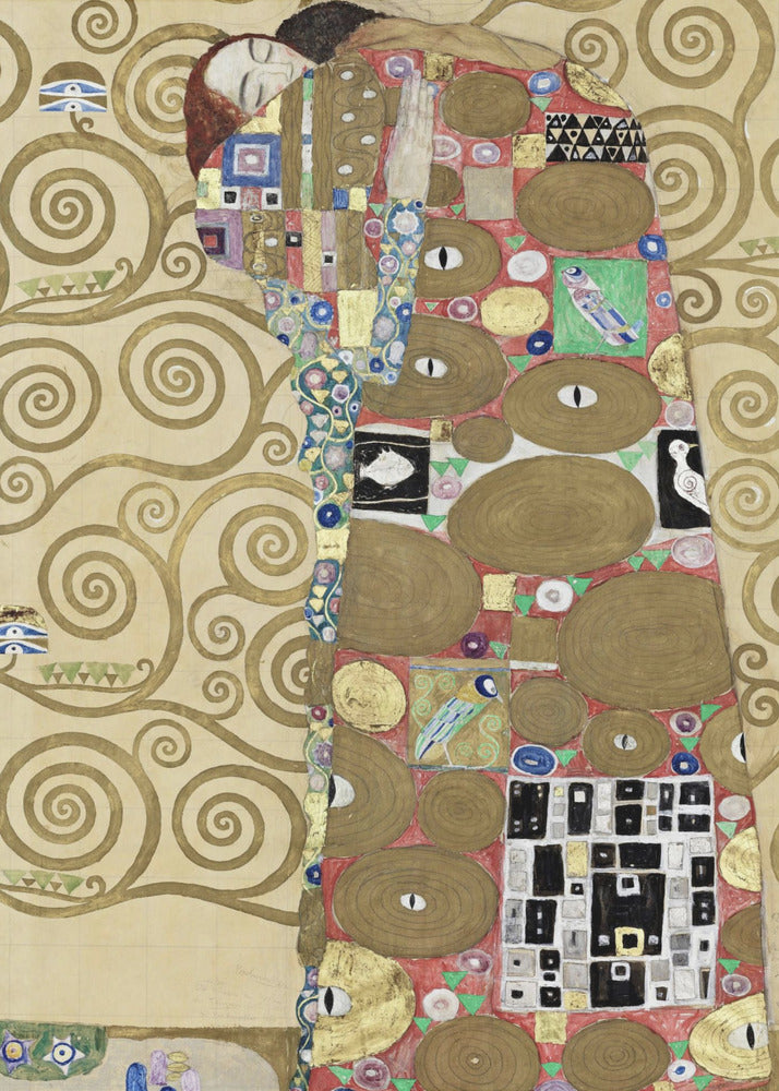 A vertical Art Nouveau painting by Gustav Klimt, featuring a detail of 'The Fulfilment'. A woman with closed eyes is enveloped in a decorative, mosaic-like robe filled with circular patterns, eyes, and geometric shapes against a red background. To the left, the golden, swirling branches of the Tree of Life stand against a cream-colored, patterned background. The artwork is rich in gold leaf and intricate detail, framed in black. Poster