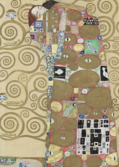A vertical Art Nouveau painting by Gustav Klimt, featuring a detail of 'The Fulfilment'. A woman with closed eyes is enveloped in a decorative, mosaic-like robe filled with circular patterns, eyes, and geometric shapes against a red background. To the left, the golden, swirling branches of the Tree of Life stand against a cream-colored, patterned background. The artwork is rich in gold leaf and intricate detail, framed in black. Poster