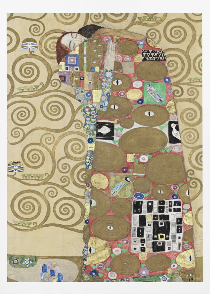 A vertical Art Nouveau painting by Gustav Klimt, featuring a detail of 'The Fulfilment'. A woman with closed eyes is enveloped in a decorative, mosaic-like robe filled with circular patterns, eyes, and geometric shapes against a red background. To the left, the golden, swirling branches of the Tree of Life stand against a cream-colored, patterned background. The artwork is rich in gold leaf and intricate detail, framed in black. Poster