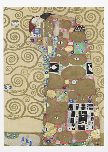 A vertical Art Nouveau painting by Gustav Klimt, featuring a detail of 'The Fulfilment'. A woman with closed eyes is enveloped in a decorative, mosaic-like robe filled with circular patterns, eyes, and geometric shapes against a red background. To the left, the golden, swirling branches of the Tree of Life stand against a cream-colored, patterned background. The artwork is rich in gold leaf and intricate detail, framed in black. Poster