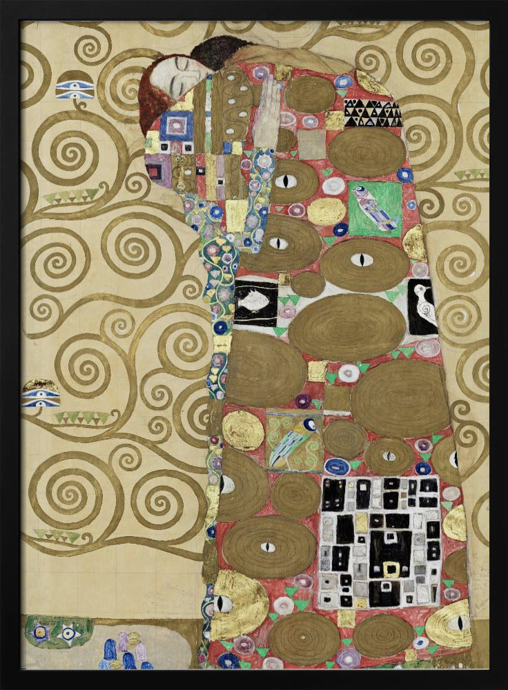 A vertical Art Nouveau painting by Gustav Klimt, featuring a detail of 'The Fulfilment'. A woman with closed eyes is enveloped in a decorative, mosaic-like robe filled with circular patterns, eyes, and geometric shapes against a red background. To the left, the golden, swirling branches of the Tree of Life stand against a cream-colored, patterned background. The artwork is rich in gold leaf and intricate detail, framed in black. Poster