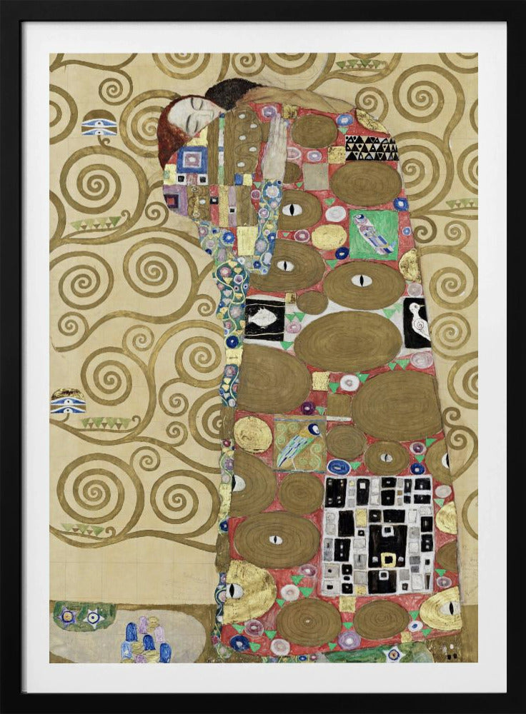 A vertical Art Nouveau painting by Gustav Klimt, featuring a detail of 'The Fulfilment'. A woman with closed eyes is enveloped in a decorative, mosaic-like robe filled with circular patterns, eyes, and geometric shapes against a red background. To the left, the golden, swirling branches of the Tree of Life stand against a cream-colored, patterned background. The artwork is rich in gold leaf and intricate detail, framed in black. Poster