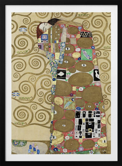 A vertical Art Nouveau painting by Gustav Klimt, featuring a detail of 'The Fulfilment'. A woman with closed eyes is enveloped in a decorative, mosaic-like robe filled with circular patterns, eyes, and geometric shapes against a red background. To the left, the golden, swirling branches of the Tree of Life stand against a cream-colored, patterned background. The artwork is rich in gold leaf and intricate detail, framed in black. Poster