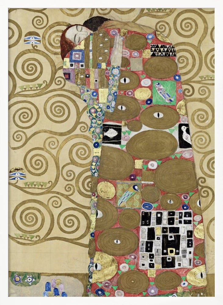 A vertical Art Nouveau painting by Gustav Klimt, featuring a detail of 'The Fulfilment'. A woman with closed eyes is enveloped in a decorative, mosaic-like robe filled with circular patterns, eyes, and geometric shapes against a red background. To the left, the golden, swirling branches of the Tree of Life stand against a cream-colored, patterned background. The artwork is rich in gold leaf and intricate detail, framed in black. Poster