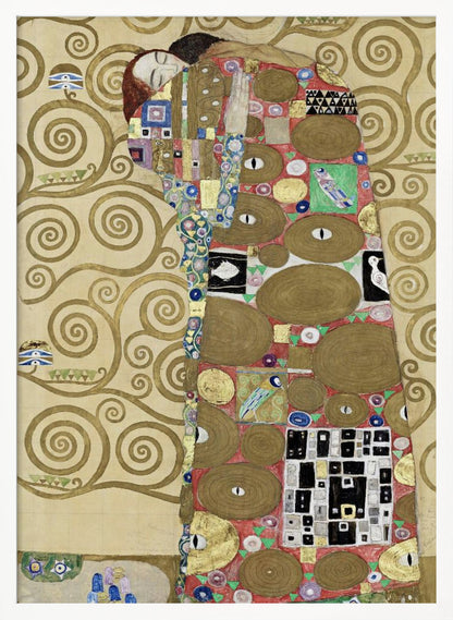 A vertical Art Nouveau painting by Gustav Klimt, featuring a detail of 'The Fulfilment'. A woman with closed eyes is enveloped in a decorative, mosaic-like robe filled with circular patterns, eyes, and geometric shapes against a red background. To the left, the golden, swirling branches of the Tree of Life stand against a cream-colored, patterned background. The artwork is rich in gold leaf and intricate detail, framed in black. Poster