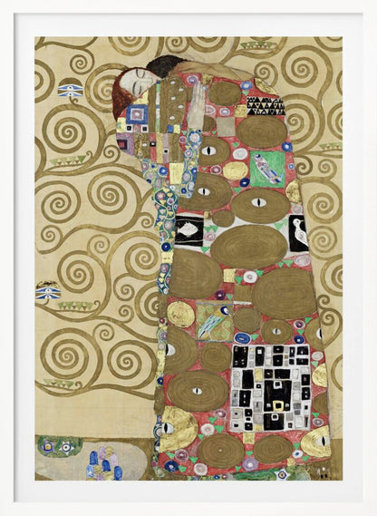 A vertical Art Nouveau painting by Gustav Klimt, featuring a detail of 'The Fulfilment'. A woman with closed eyes is enveloped in a decorative, mosaic-like robe filled with circular patterns, eyes, and geometric shapes against a red background. To the left, the golden, swirling branches of the Tree of Life stand against a cream-colored, patterned background. The artwork is rich in gold leaf and intricate detail, framed in black. Poster