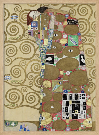A vertical Art Nouveau painting by Gustav Klimt, featuring a detail of 'The Fulfilment'. A woman with closed eyes is enveloped in a decorative, mosaic-like robe filled with circular patterns, eyes, and geometric shapes against a red background. To the left, the golden, swirling branches of the Tree of Life stand against a cream-colored, patterned background. The artwork is rich in gold leaf and intricate detail, framed in black. Poster