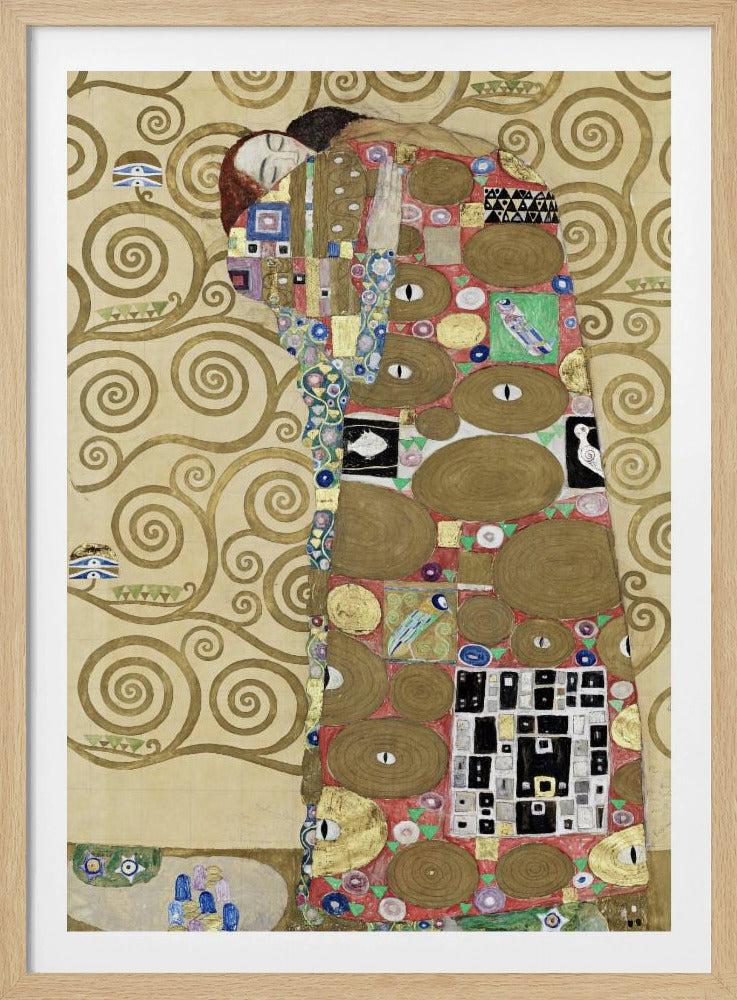 A vertical Art Nouveau painting by Gustav Klimt, featuring a detail of 'The Fulfilment'. A woman with closed eyes is enveloped in a decorative, mosaic-like robe filled with circular patterns, eyes, and geometric shapes against a red background. To the left, the golden, swirling branches of the Tree of Life stand against a cream-colored, patterned background. The artwork is rich in gold leaf and intricate detail, framed in black. Poster