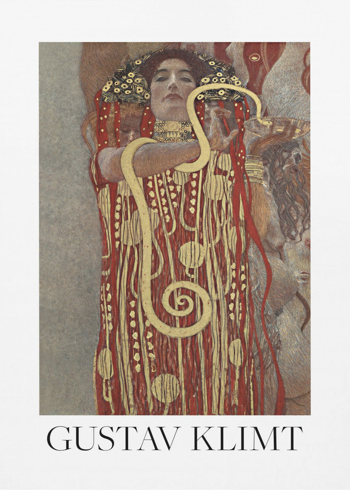 A poster of Gustav Klimt's 'Hygieia', featuring a woman with an elaborate headdress and a red and gold patterned robe. A large golden snake is wrapped around her arm as she holds up a bowl. The poster has a white border with 'GUSTAV KLIMT' written at the bottom and is displayed in a black frame. Wall Art