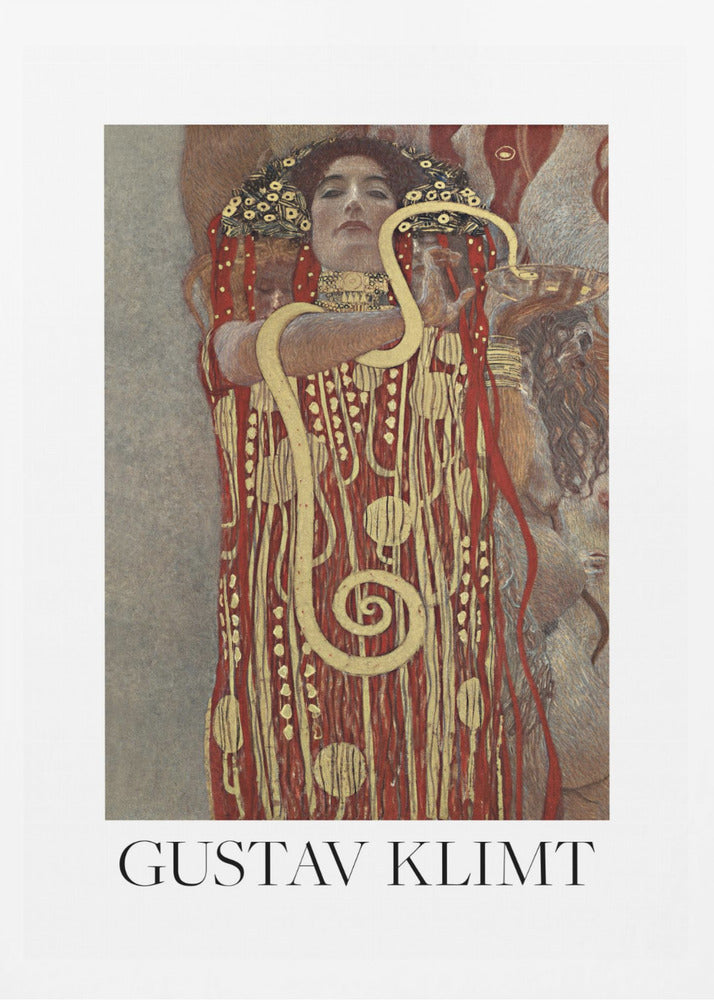 A poster of Gustav Klimt's 'Hygieia', featuring a woman with an elaborate headdress and a red and gold patterned robe. A large golden snake is wrapped around her arm as she holds up a bowl. The poster has a white border with 'GUSTAV KLIMT' written at the bottom and is displayed in a black frame. Wall Art