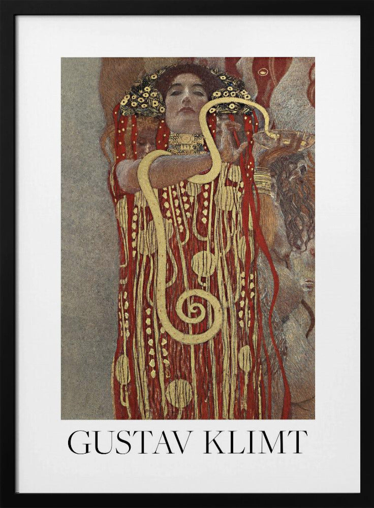 A poster of Gustav Klimt's 'Hygieia', featuring a woman with an elaborate headdress and a red and gold patterned robe. A large golden snake is wrapped around her arm as she holds up a bowl. The poster has a white border with 'GUSTAV KLIMT' written at the bottom and is displayed in a black frame. Wall Art