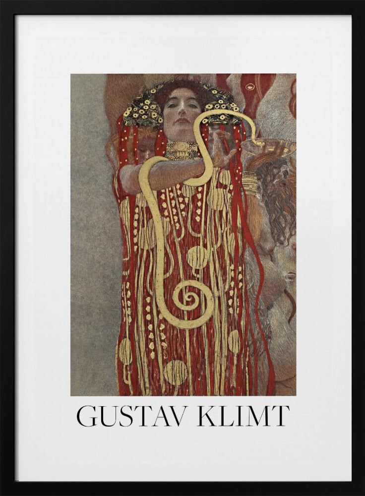 A poster of Gustav Klimt's 'Hygieia', featuring a woman with an elaborate headdress and a red and gold patterned robe. A large golden snake is wrapped around her arm as she holds up a bowl. The poster has a white border with 'GUSTAV KLIMT' written at the bottom and is displayed in a black frame. Wall Art