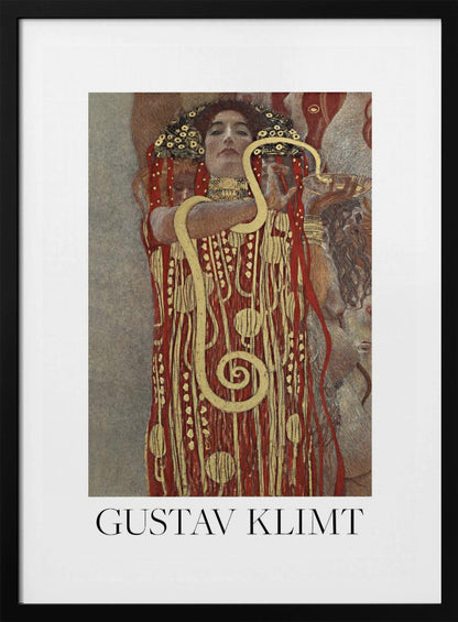 A poster of Gustav Klimt's 'Hygieia', featuring a woman with an elaborate headdress and a red and gold patterned robe. A large golden snake is wrapped around her arm as she holds up a bowl. The poster has a white border with 'GUSTAV KLIMT' written at the bottom and is displayed in a black frame. Wall Art