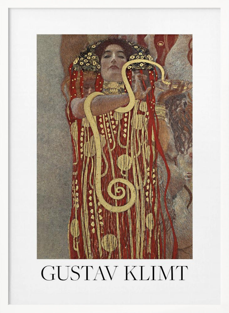 A poster of Gustav Klimt's 'Hygieia', featuring a woman with an elaborate headdress and a red and gold patterned robe. A large golden snake is wrapped around her arm as she holds up a bowl. The poster has a white border with 'GUSTAV KLIMT' written at the bottom and is displayed in a black frame. Wall Art