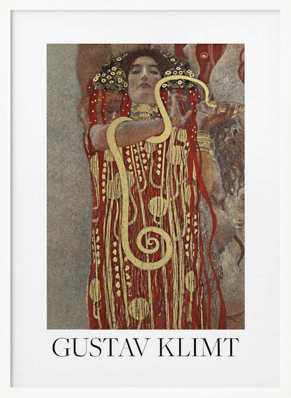 A poster of Gustav Klimt's 'Hygieia', featuring a woman with an elaborate headdress and a red and gold patterned robe. A large golden snake is wrapped around her arm as she holds up a bowl. The poster has a white border with 'GUSTAV KLIMT' written at the bottom and is displayed in a black frame. Wall Art