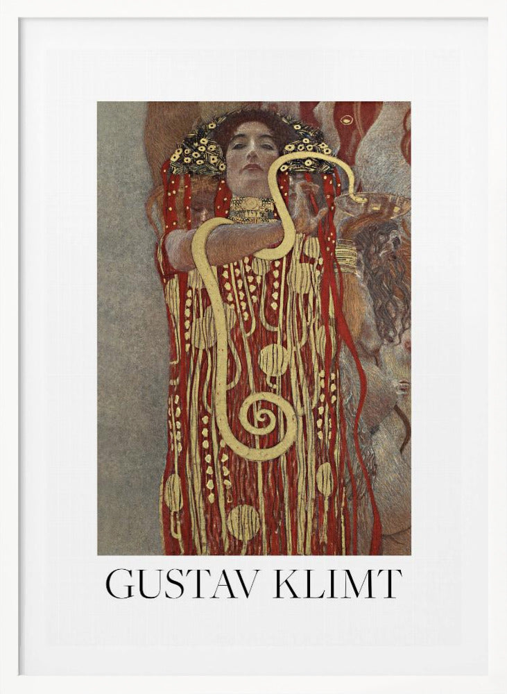 A poster of Gustav Klimt's 'Hygieia', featuring a woman with an elaborate headdress and a red and gold patterned robe. A large golden snake is wrapped around her arm as she holds up a bowl. The poster has a white border with 'GUSTAV KLIMT' written at the bottom and is displayed in a black frame. Wall Art