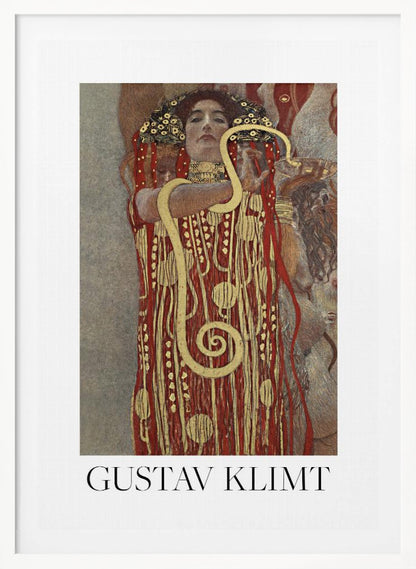A poster of Gustav Klimt's 'Hygieia', featuring a woman with an elaborate headdress and a red and gold patterned robe. A large golden snake is wrapped around her arm as she holds up a bowl. The poster has a white border with 'GUSTAV KLIMT' written at the bottom and is displayed in a black frame. Wall Art