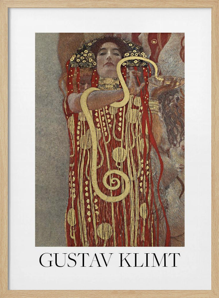 A poster of Gustav Klimt's 'Hygieia', featuring a woman with an elaborate headdress and a red and gold patterned robe. A large golden snake is wrapped around her arm as she holds up a bowl. The poster has a white border with 'GUSTAV KLIMT' written at the bottom and is displayed in a black frame. Wall Art
