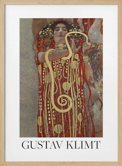 A poster of Gustav Klimt's 'Hygieia', featuring a woman with an elaborate headdress and a red and gold patterned robe. A large golden snake is wrapped around her arm as she holds up a bowl. The poster has a white border with 'GUSTAV KLIMT' written at the bottom and is displayed in a black frame. Wall Art