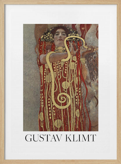 A poster of Gustav Klimt's 'Hygieia', featuring a woman with an elaborate headdress and a red and gold patterned robe. A large golden snake is wrapped around her arm as she holds up a bowl. The poster has a white border with 'GUSTAV KLIMT' written at the bottom and is displayed in a black frame. Wall Art